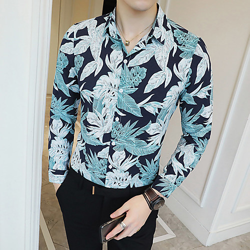 

Men's Daily Going out Basic / Elegant Shirt - Floral / Color Block Blue