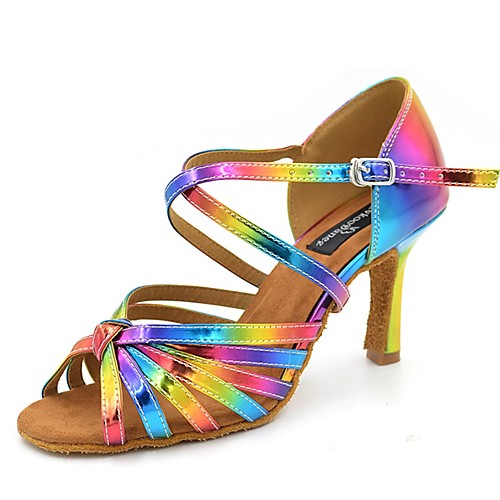 

Жен. Обувь для латины Сатин Сандалии / На каблуках Каблук ""Клеш"" Персонализируемая Танцевальная обувь Цвет радуги
