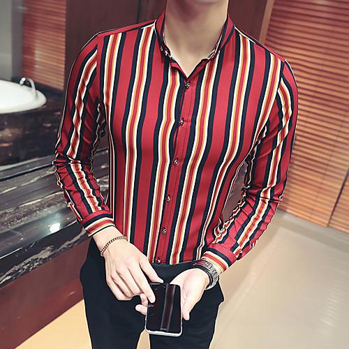 

Men's Daily Going out Basic / Elegant Shirt - Striped / Color Block Red