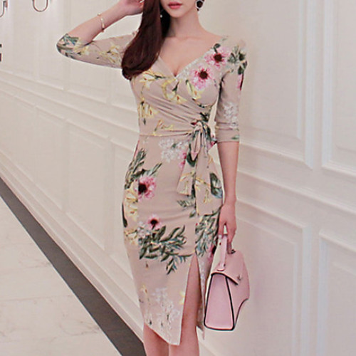 

Жен. Хлопок Тонкие Облегающий силуэт Платье - Цветочный принт, С принтом V-образный вырез До колена