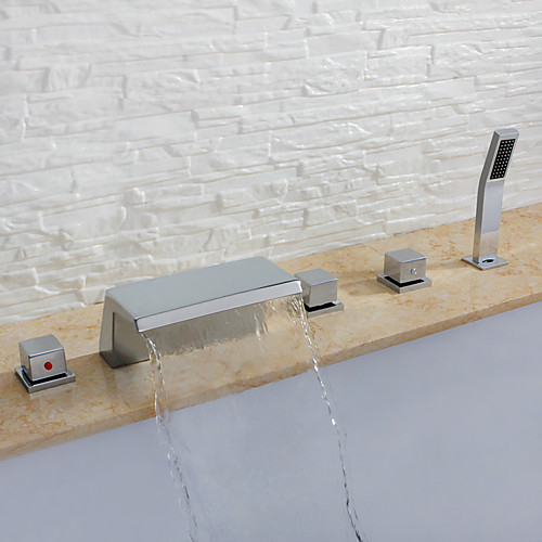 

Смеситель для ванны - Современный Хром Разбросанная Керамический клапан Bath Shower Mixer Taps / Три ручки пять отверстий