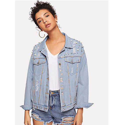 

Women's Daily Basic Regular Denim Jacket, Solid Colored Turndown Long Sleeve Cotton / Polyester Blue M / L