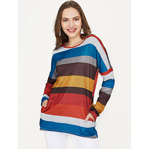 

Women's Daily Basic / Color Block Cotton T-shirt - Striped Green / Spring / Fine Stripe