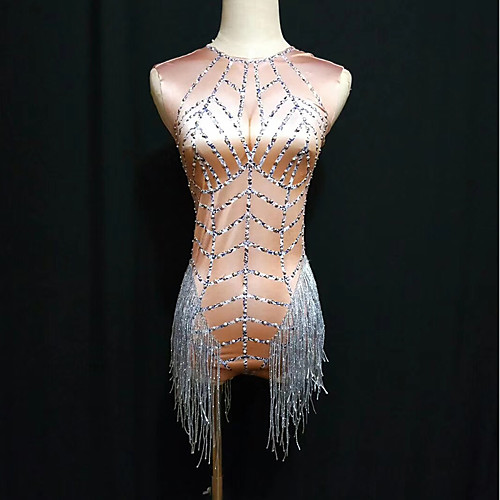 

Exotic Dancewear Rhinestone Bodysuit / Nightclub Jumpsuits / Club Costume Women's Performance Tulle Tassel / Ruching / Crystals / Rhinestones Sleeveless Leotard / Onesie