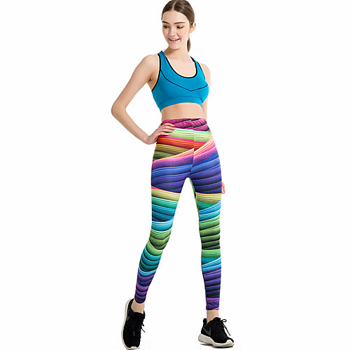 

Women's Sports / Yoga Sporty / Basic Legging - Striped / Color Block, Print Mid Waist Rainbow One-Size