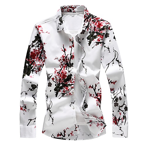 

Men's Daily Going out Basic Plus Size Cotton Slim Shirt - Floral Print Red / Long Sleeve