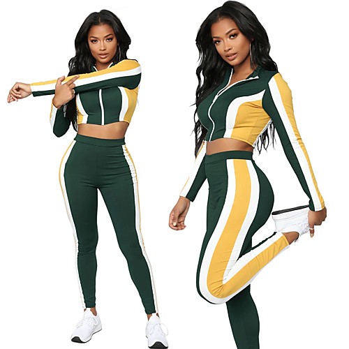 

Women's High Rise Tracksuit Yoga Suit Winter Cropped Color Block Green / Yellow Spandex Zumba Running Dance Tights Crop Top Clothing Suit Long Sleeve Sport Activewear Compression Butt Lift Tummy