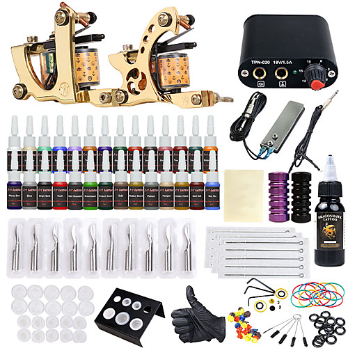 

Tattoo Machine Starter Kit - 2 pcs Tattoo Machines with 28 x 5 ml tattoo inks, Professional LCD power supply Case Not Included 2 alloy machine liner & shader