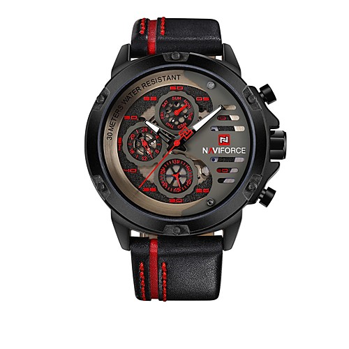 

NAVIFORCE Men's Sport Watch Wrist Watch Japanese Japanese Quartz Genuine Leather Black 30 m Water Resistant / Waterproof Calendar / date / day Casual Watch Analog Casual Fashion - Black / Red Black