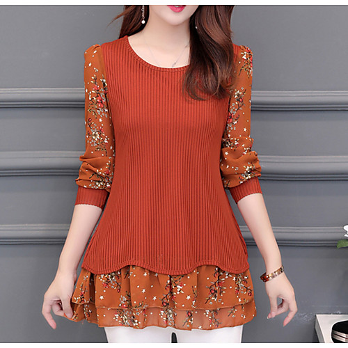 

Жен. На выход Пэчворк / С принтом Большие размеры - Блуза Хлопок Тонкие Классический Однотонный / Цветочный принт / Контрастных цветов Черный XXXL