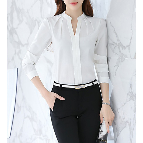 

Жен. Офис Плиссировка Блуза / Рубашка V-образный вырез Тонкие Деловые / Классический Однотонный Белый