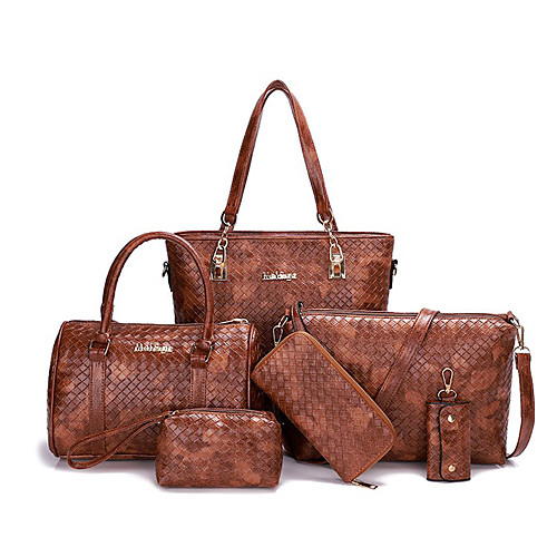

Women's Zipper Straw / PU Bag Set Color Block 6 Pieces Purse Set Black / Brown / White