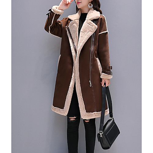 

Women's Daily Long Coat, Solid Colored Turndown Long Sleeve Faux Leather / Lamb Fur Brown / Black