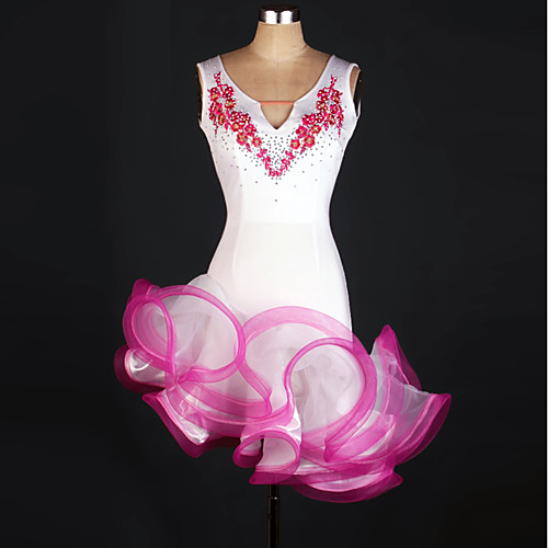 

Латино Платья Жен. Учебный Спандекс / Тюль Аппликации / Стразы Без рукавов Завышенная талия Платье