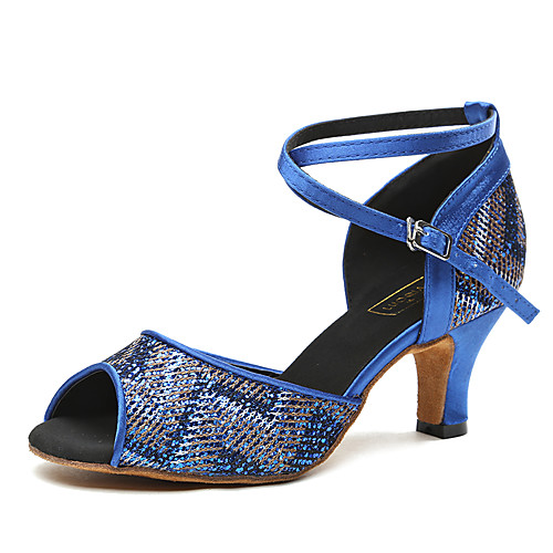 фото Жен. танцевальная обувь сатин обувь для латины пайетки на каблуках тонкий высокий каблук синий / телесный Lightinthebox