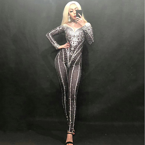 

Exotic Dancewear Rhinestone Bodysuit / Club Costume Women's Performance Spandex Crystals / Rhinestones Long Sleeve Leotard / Onesie