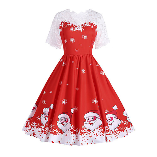 

Women's Christmas Holiday Festival Vintage 1950s A Line Dress - Snowflake Santa Claus, Print Spring Cotton Red S M L XL