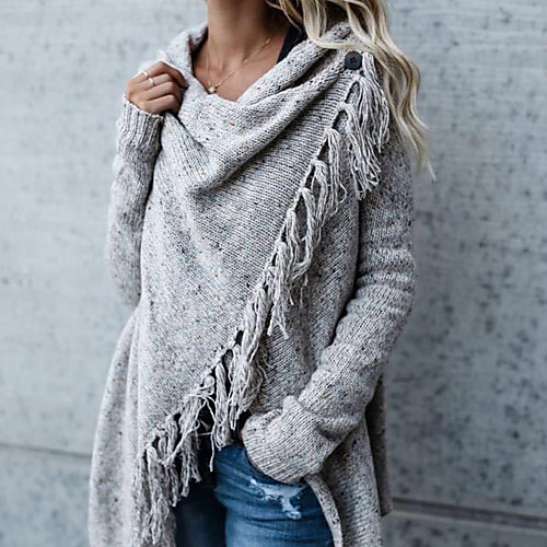 

Women's Daily / Weekend Street chic Tassel Solid Colored Long Sleeve Long Cardigan Sweater Jumper, V Neck Fall / Winter Dark Gray / Gray S / M / L