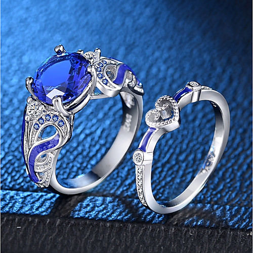 

Women's Statement Ring Ring Ring Set Sapphire Synthetic Sapphire 2pcs Silver Copper Platinum Plated Enamel Four Prongs Ladies Romantic Fashion Wedding Party Jewelry Hollow Out Solitaire Round Cut