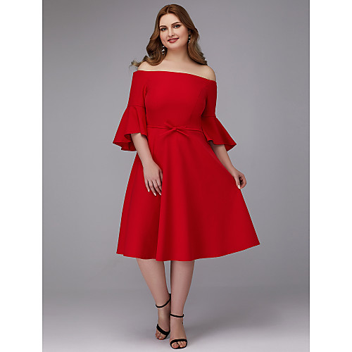 

A-Line Off Shoulder Knee Length Stretch Satin Plus Size / Red Cocktail Party / Wedding Guest Dress with Bow(s) 2020