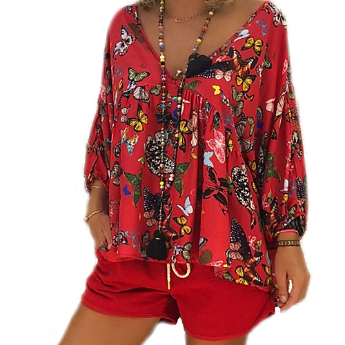 

Жен. Большие размеры - Блуза V-образный вырез Классический Геометрический принт Черный XXXL / Весна / Осень