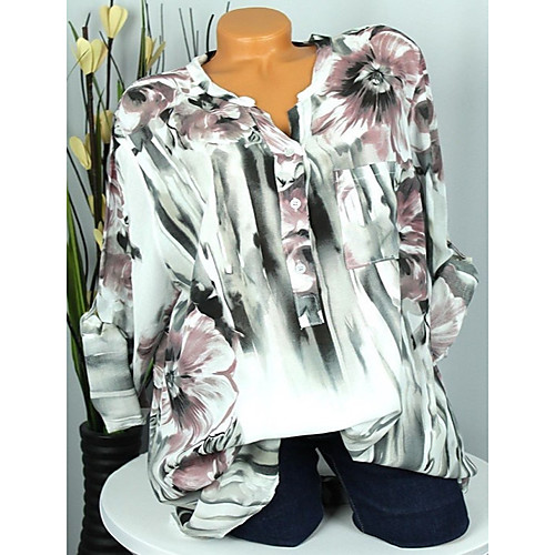 

Жен. Большие размеры - Блуза Рубашечный воротник Свободный силуэт Классический Цветочный принт Белый XXXL