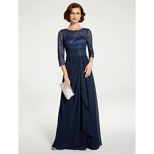 

A-Line Jewel Neck Floor Length Chiffon / Lace 3/4 Length Sleeve Mother of the Bride Dress with Lace / Ruching 2020 / Illusion Sleeve