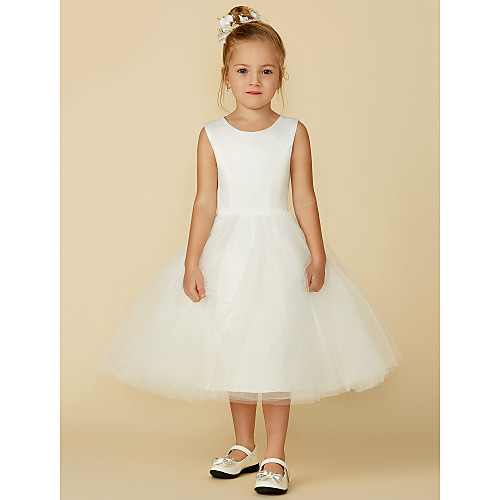 

Princess Tea Length Flower Girl Dress - Satin / Tulle Sleeveless Jewel Neck with Lace / First Communion