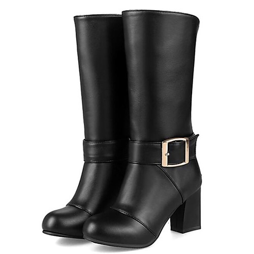 

Жен. Полиуретан Осень Ботинки На толстом каблуке Закрытый мыс Сапоги до середины икры Белый / Черный / Красный