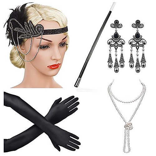 

The Great Gatsby Charleston Vintage 1920s Roaring Twenties Roaring 20s Flapper Headband Women's Feather Costume Head Jewelry Pearl Necklace Black / Golden / GoldenBlack Vintage Cosplay Party Prom