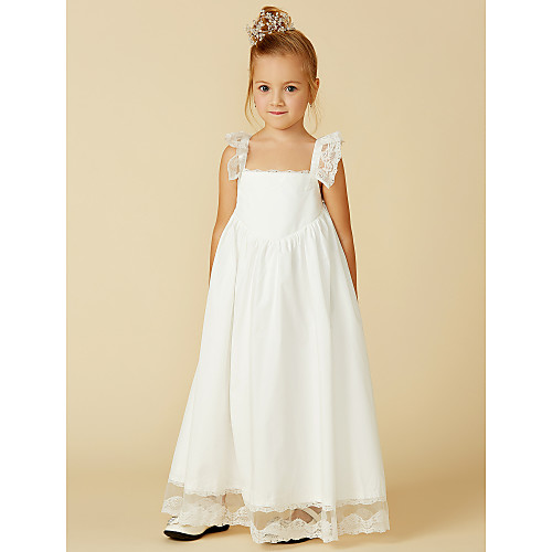 

A-Line Ankle Length Flower Girl Dress - Cotton / Lace Sleeveless Straps with Pleats / First Communion