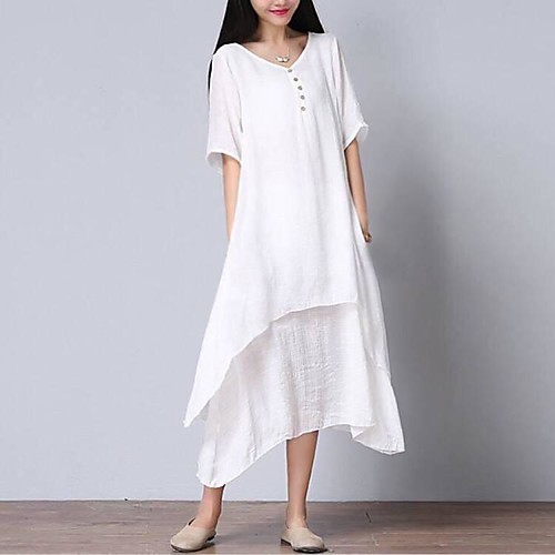 

Women's Asymmetrical Plus Size Daily Weekend Loose Dress - Solid Colored White, Layered V Neck Summer Cotton White XXL XXXL XXXXL