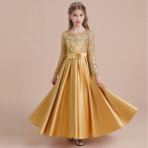 

A-Line Long Length Flower Girl Dress - Lace / Satin Long Sleeve Jewel Neck with Lace