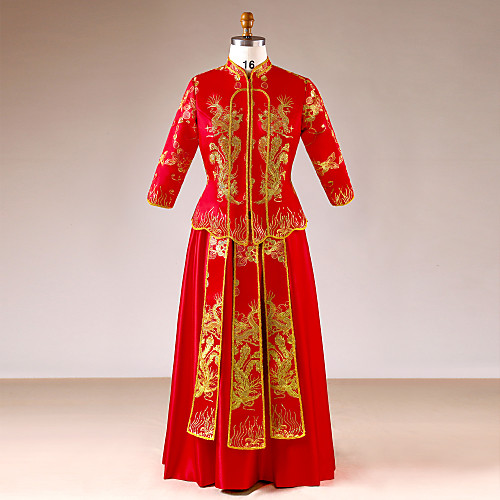 

Невеста Винтаж Китайский красный Cheongsam Костюм Жен. Инвентарь Cheongsam Красный Золотой Винтаж Косплей Шелк Помолвка Девичник Длинный рукав Летучая мышь