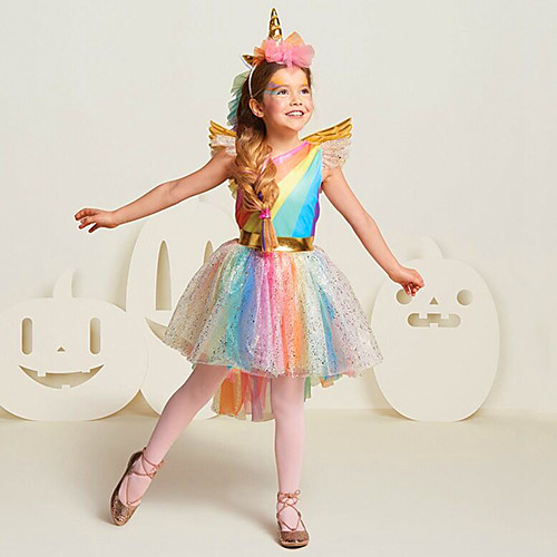 фото Принцесса unicorn косплэй kостюмы детские девочки платья сетка рождество хэллоуин карнавал фестиваль / праздник тюль хлопок цвет радуги карнавальные костюмы радужный единорогом Lightinthebox