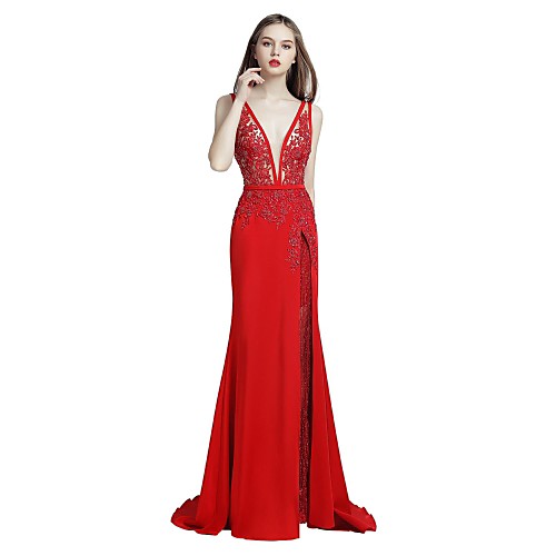 

Sheath / Column Plunging Neck Sweep / Brush Train Lace / Satin Sexy Formal Evening / Black Tie Gala Dress 2020 with Beading / Split Front