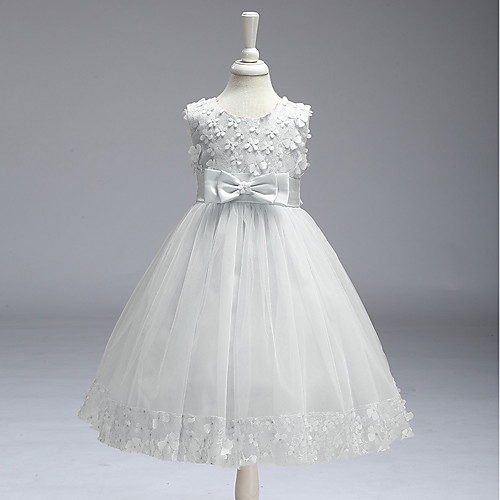 

A-Line Knee Length Wedding / First Communion Flower Girl Dresses - Polyester Sleeveless Jewel Neck with Bow(s) / Appliques