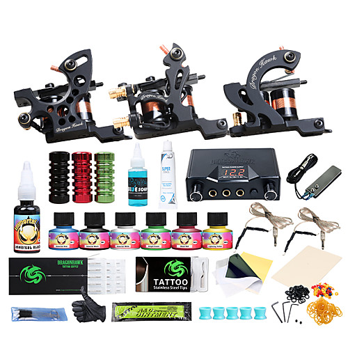 

Tattoo Machine Starter Kit - 3 pcs Tattoo Machines with 6 x 5 ml tattoo inks LCD power supply Case Not Included 3 cast iron machine liner & shader