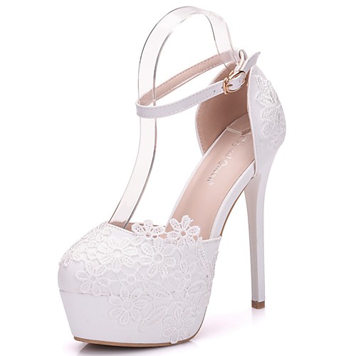 

Women's Lace / PU(Polyurethane) Spring & Summer Sweet Wedding Shoes Platform Round Toe Satin Flower / Buckle White