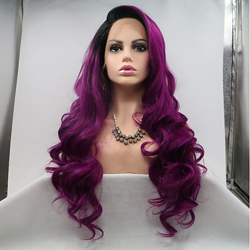 

Synthetic Lace Front Wig Curly Layered Haircut Lace Front Wig Long Black / Purple Synthetic Hair 24 inch Women's Women Purple Sylvia