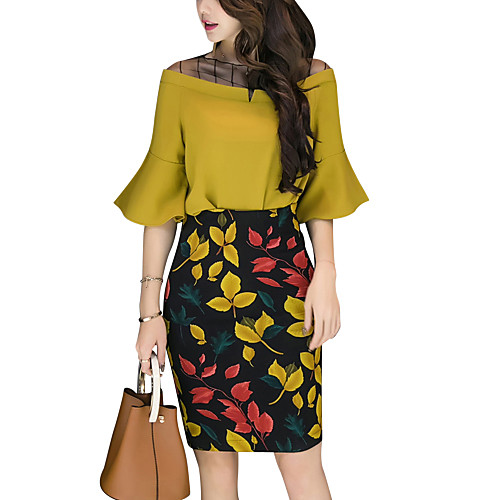 

Women's Work Basic Flare Sleeve Blouse Print High Rise Skirt / Summer