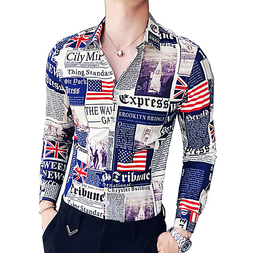 

Men's Letter Slim Shirt Military Daily Going out Classic Collar Black / Blue / Summer / Long Sleeve