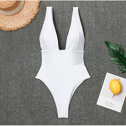 

Women's Basic Plunging Neck White Black Cheeky One-piece Swimwear - Solid Colored M L XL White / Super Sexy