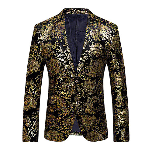 

Men's Party / Daily / Club Sophisticated / Exaggerated Spring / Fall Regular Blazer, Floral Notch Lapel Long Sleeve Cotton / Polyester Print Gold / Silver / Slim