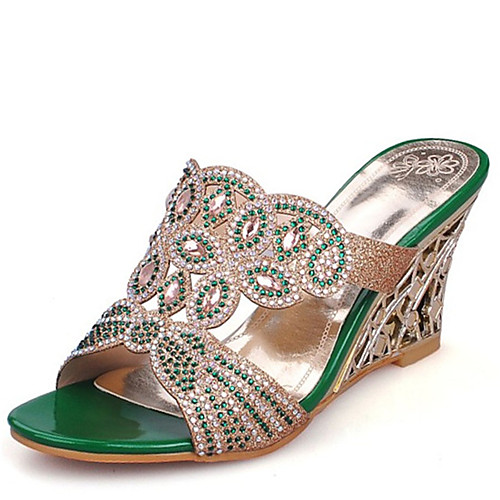 

Women's PU(Polyurethane) Summer Sandals Wedge Heel Open Toe Rhinestone / Sequin Gold / Green / Wedding / Party & Evening