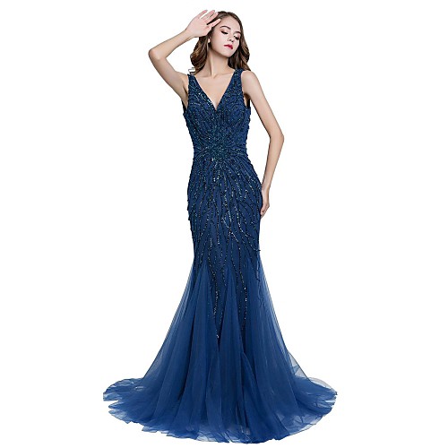 

Русалка V-образный вырез С коротким шлейфом Тюль Блеск и сияние Торжественное мероприятие Платье с Бусины от LAN TING Express