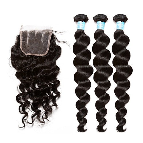 

3 Bundles with Closure Peruvian Hair Loose Wave Virgin Human Hair Human Hair Weave Hair Weft with Closure 10inch-26inch Natural Human Hair Weaves Odor Free Soft For Black Women Human Hair Extensions