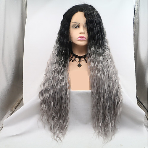 

Synthetic Lace Front Wig Wavy Kardashian Style Layered Haircut Lace Front Wig Dark Gray Grey Synthetic Hair 24 inch Women's Women / Ombre Hair Dark Gray / Black Wig Long Sylvia 130% Density