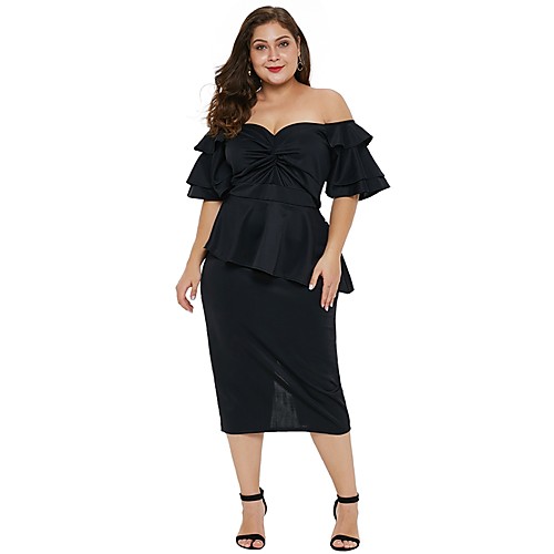 

Жен. Для вечеринок На выход Секси Тонкие Платье - Однотонный, Оборки Рюши Завышенная С открытыми плечами Средней длины / Сексуальные платья