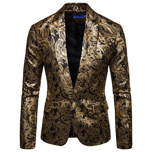

Men's Holiday / Club Luxury / Street chic Spring & Fall / Winter Regular Blazer, Striped Daisy Peaked Lapel Long Sleeve Polyester Jacquard / Print Gold / Wine / Royal Blue